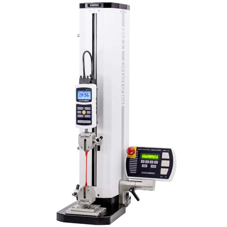 Máquina de ensayo de tracción motorizada Mark-10 ESM303 con dinamómetro digital, panel de control DC4000 y mordazas para probeta