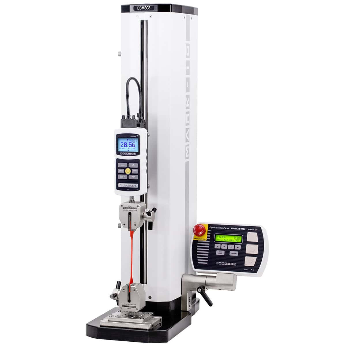 Máquina de ensayo de tracción motorizada Mark-10 ESM303 con dinamómetro digital, panel de control DC4000 y mordazas para probeta