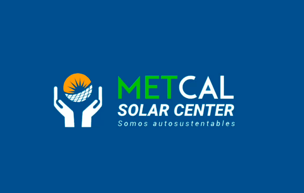 Logo de Metcal Solar Center sobre fondo azul con manos sosteniendo un globo solar y el lema Somos autosustentables