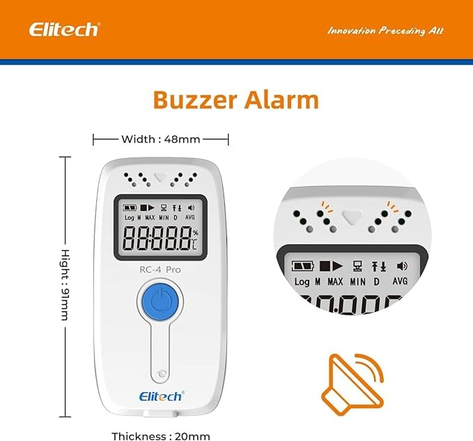 Registrador de datos Elitech RC-4 Pro con pantalla digital, alarma sonora (buzzer) integrada y visualización de temperatura y humedad, diseñado para monitoreo ambiental sobre fondo claro
