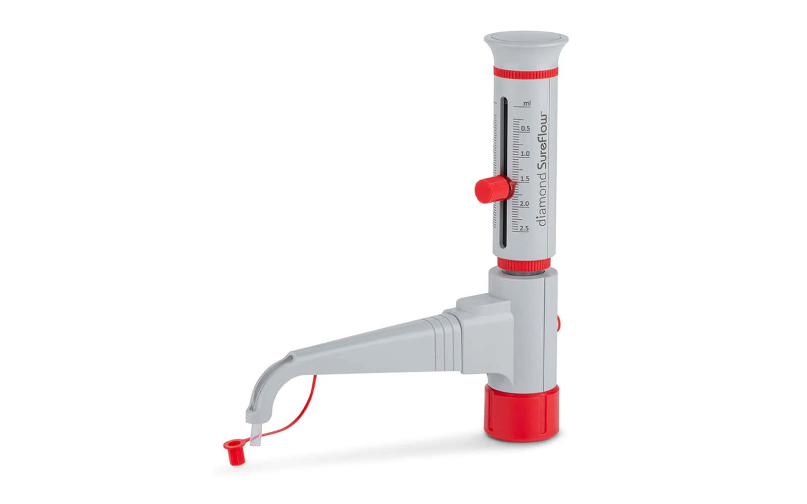 Dispensador volumétrico de laboratorio tipo bottle top Globe Scientific con ajuste de volumen y válvula de dosificación, diseñado para transferencia precisa de líquidos químicos, sobre fondo gris claro.