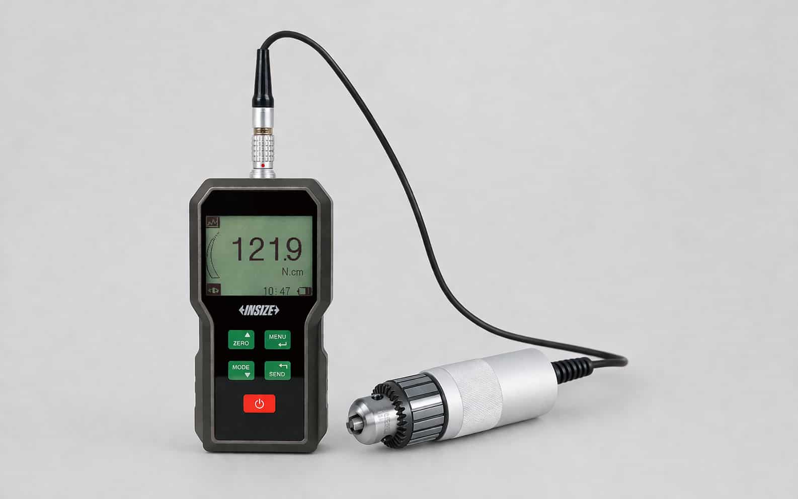 Medidor de torque digital portátil INSIZE con sensor externo conectado por cable, pantalla LCD con lectura de par en N·cm y cuerpo robusto sobre fondo gris claro.