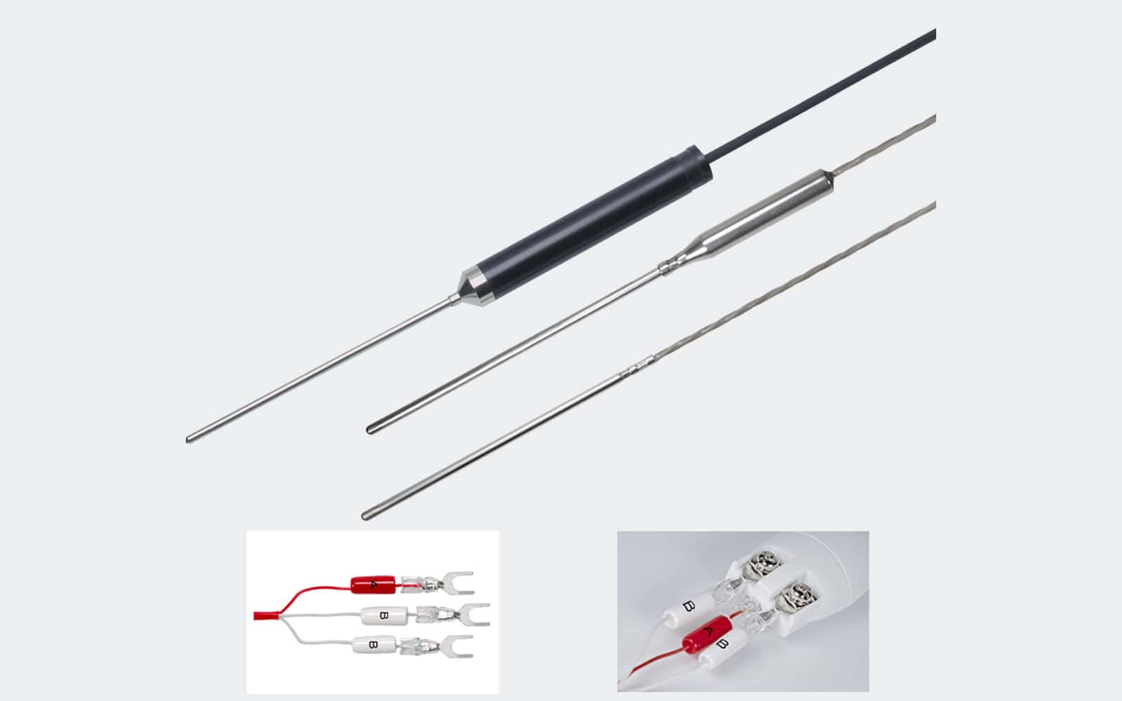 Sondas de temperatura T&D serie TR-82XX/8130 en diferentes formatos (punta rígida, flexible y conexiones de terminal), diseñadas para medición precisa en aplicaciones industriales y de laboratorio sobre fondo gris claro