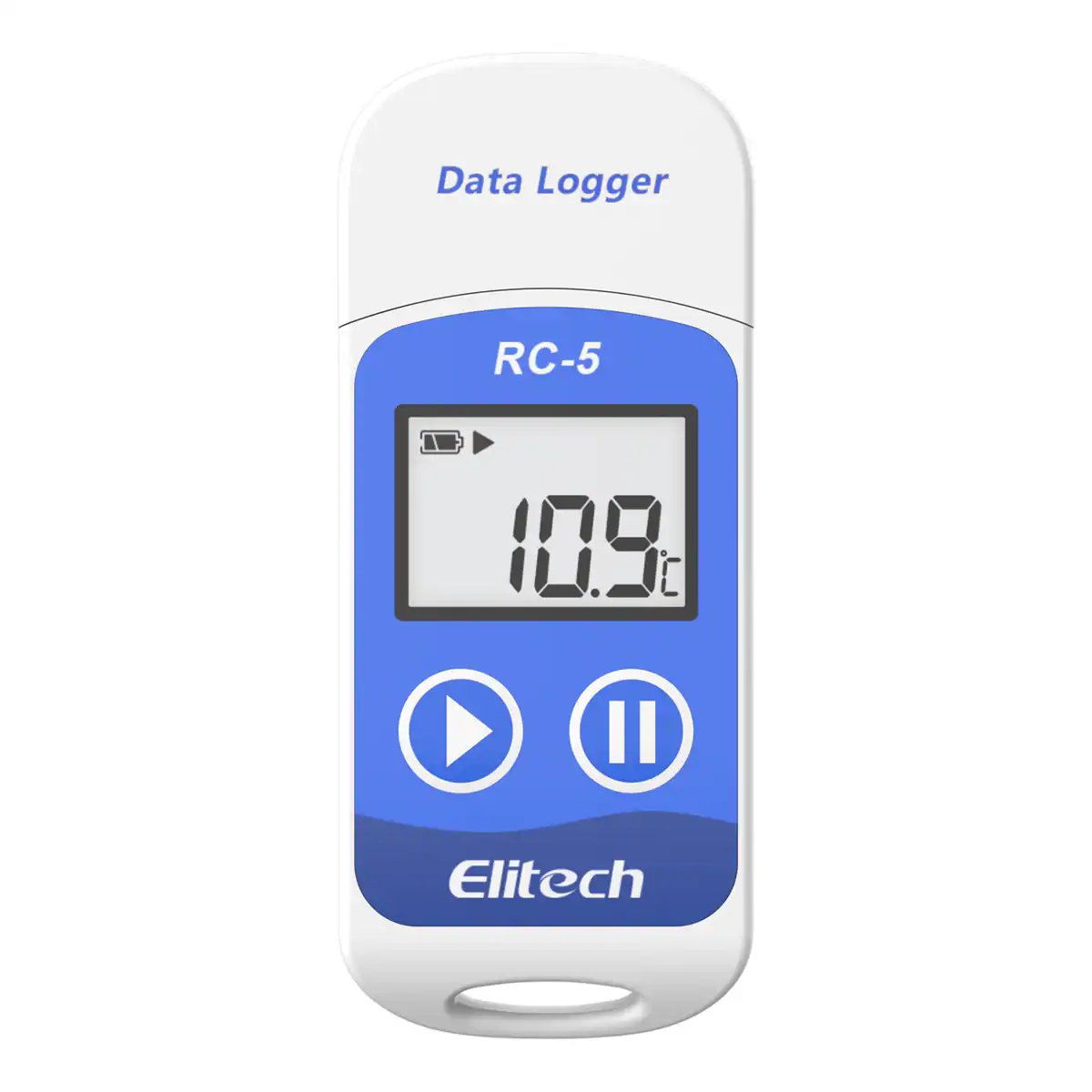 Registrador de datos de temperatura Elitech RC-5 con pantalla LCD, botones de inicio y pausa, y lectura de 10.9°C