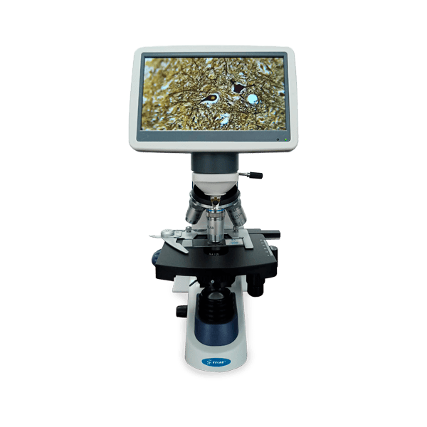 Microscopio Velab VE-M5LCD con pantalla LCD de 7 pulgadas y cámara digital.