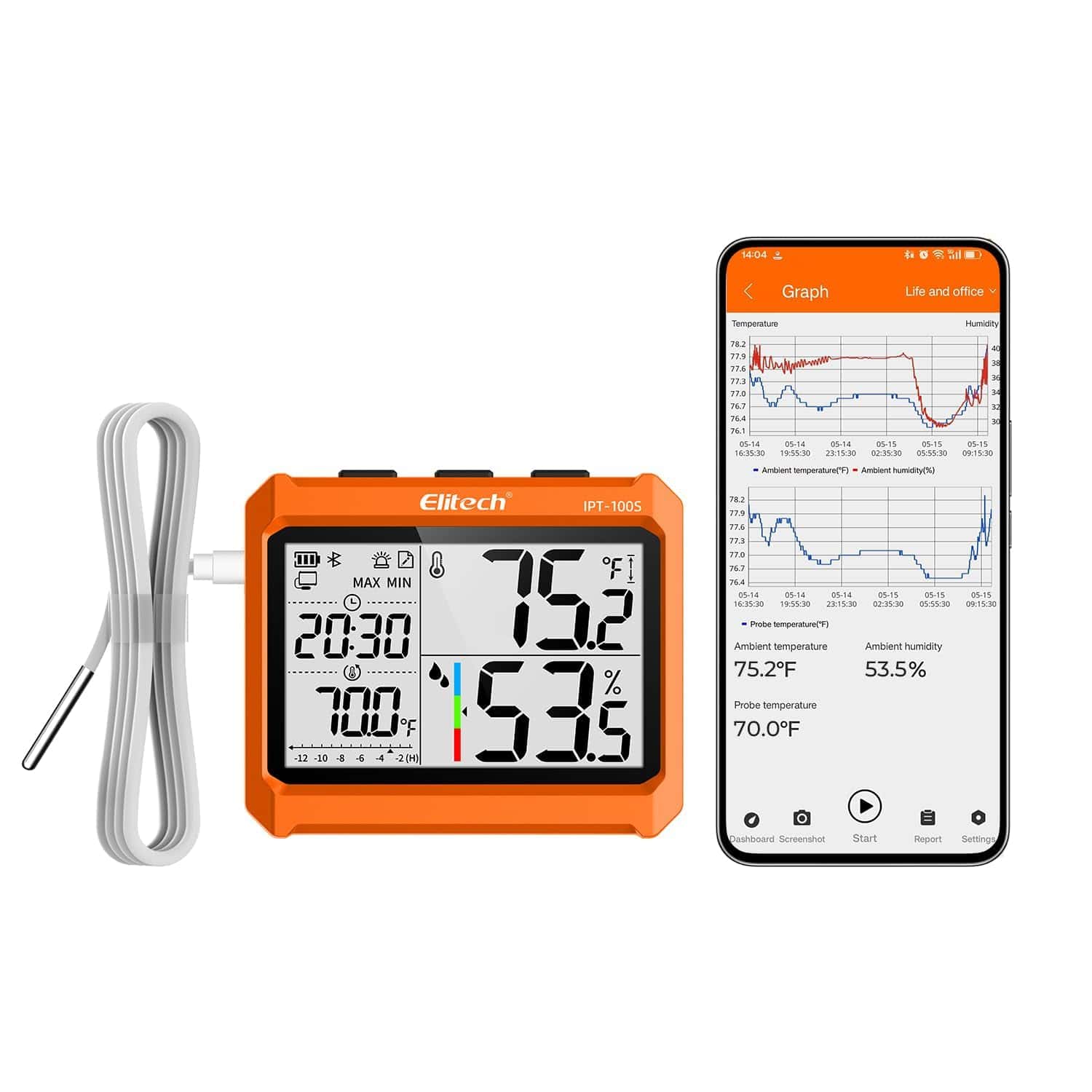 Registrador de temperatura y humedad Elitech con sonda externa y pantalla digital, junto a smartphone mostrando gráficos de monitoreo en tiempo real sobre fondo gris claro.