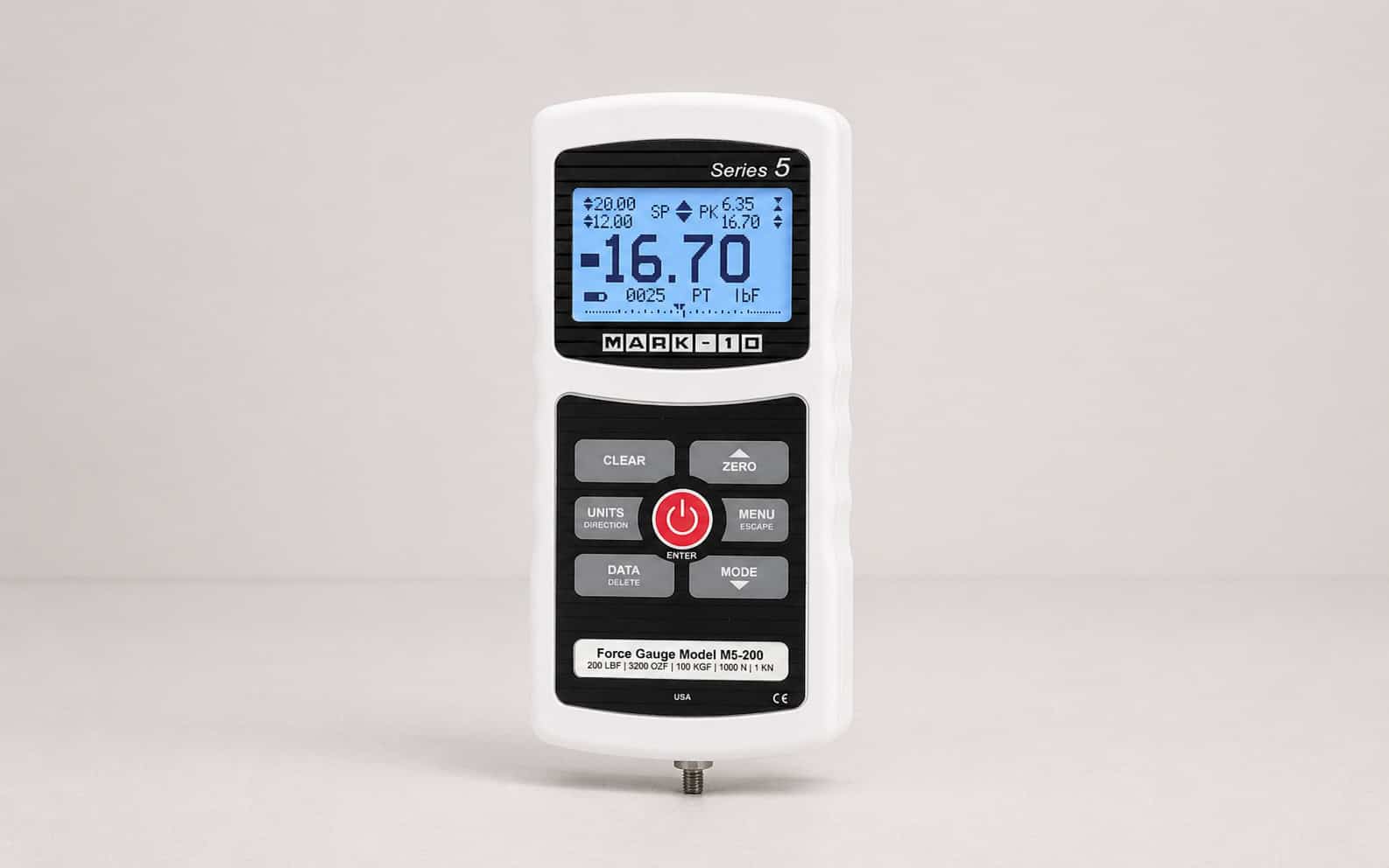Medidor de fuerza digital Mark-10 Serie 5 para ensayos de tracción y compresión con pantalla LCD y control manual