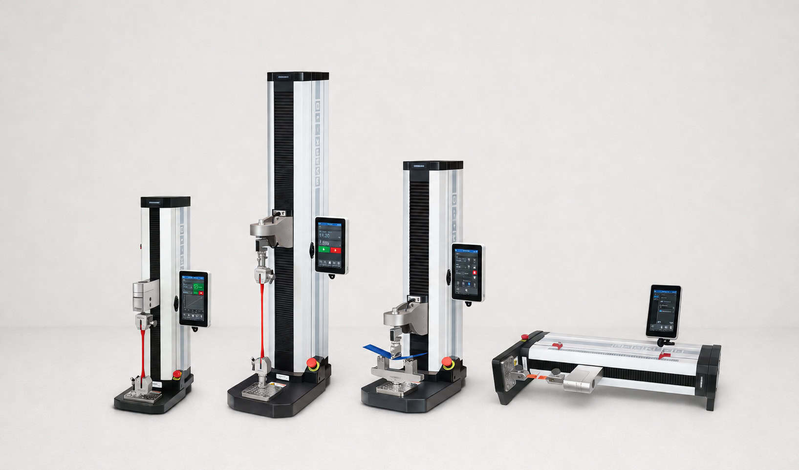Equipos de ensayo de fuerza Mark-10 para medición de tracción y compresión en laboratorio con diferentes configuraciones verticales y horizontales