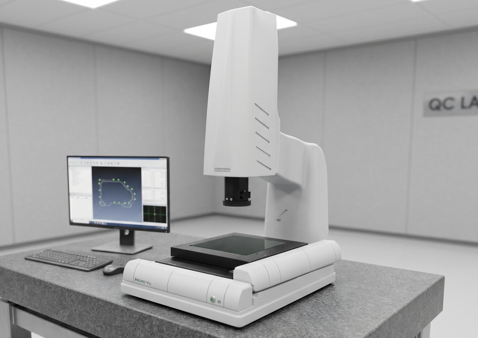 tema de medición dimensional Micro-Vu Vertex con cámara óptica inspeccionando pieza en laboratorio de control de calidad