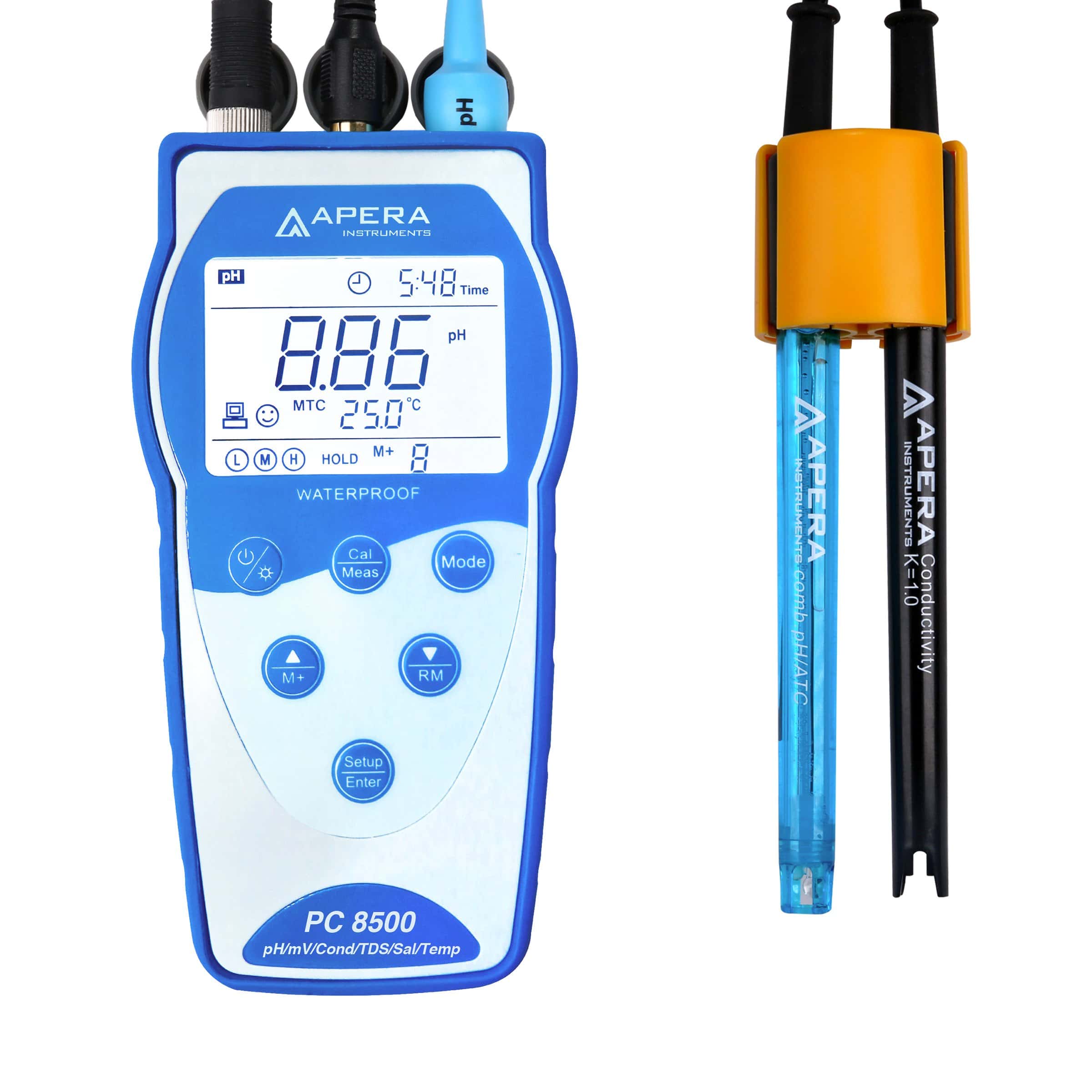 Medidor portátil Apera PC8500 para pH y conductividad con pantalla digital y electrodos.