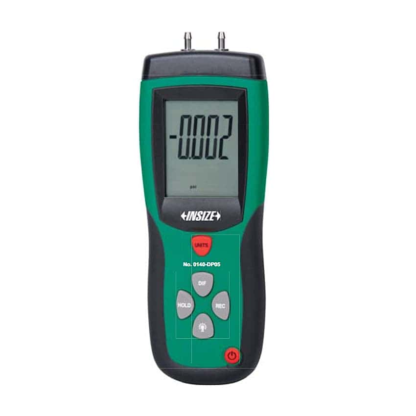 Manómetro digital de presión diferencial Insize 0140-DP05 con pantalla LCD, dos conectores superiores y botones de función