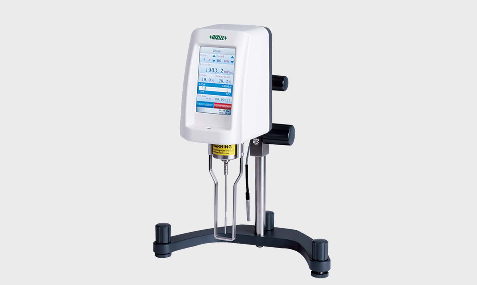 Viscosímetro rotacional INSIZE de sobremesa con pantalla digital para medición precisa de viscosidad en líquidos, montado sobre base estable y fondo gris claro uniforme
