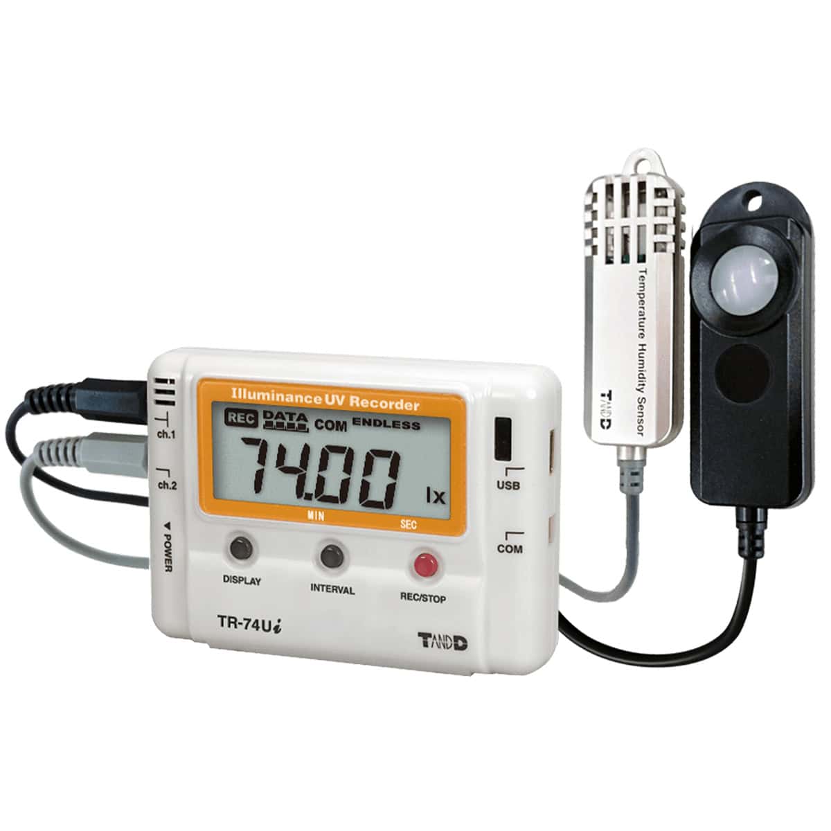 Registrador USB de iluminancia y radiación UV con sensor de alta precisión para temperatura y humedad, equipado con sondas externas para monitorización ambiental en laboratorio e industria.