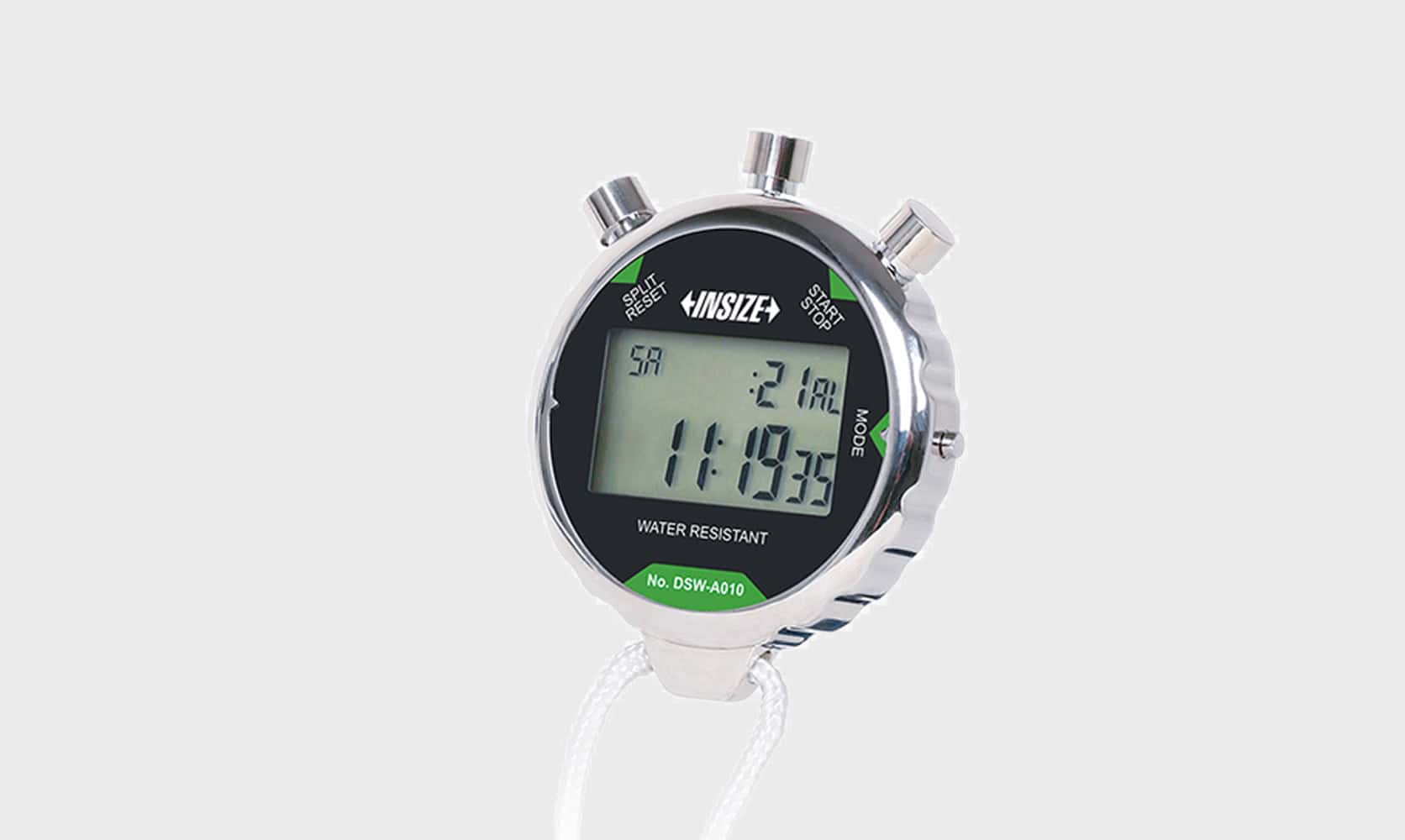 Cronómetro digital INSIZE con pantalla LCD y botones superiores para medición de intervalos de tiempo, sobre fondo gris claro homogéneo