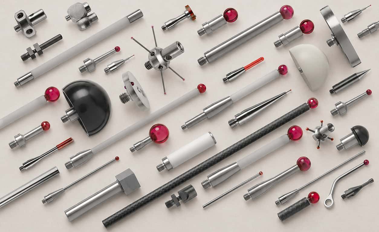 Conjunto de palpadores Renishaw con diferentes configuraciones de bolas, vástagos y accesorios para medición dimensional de precisión