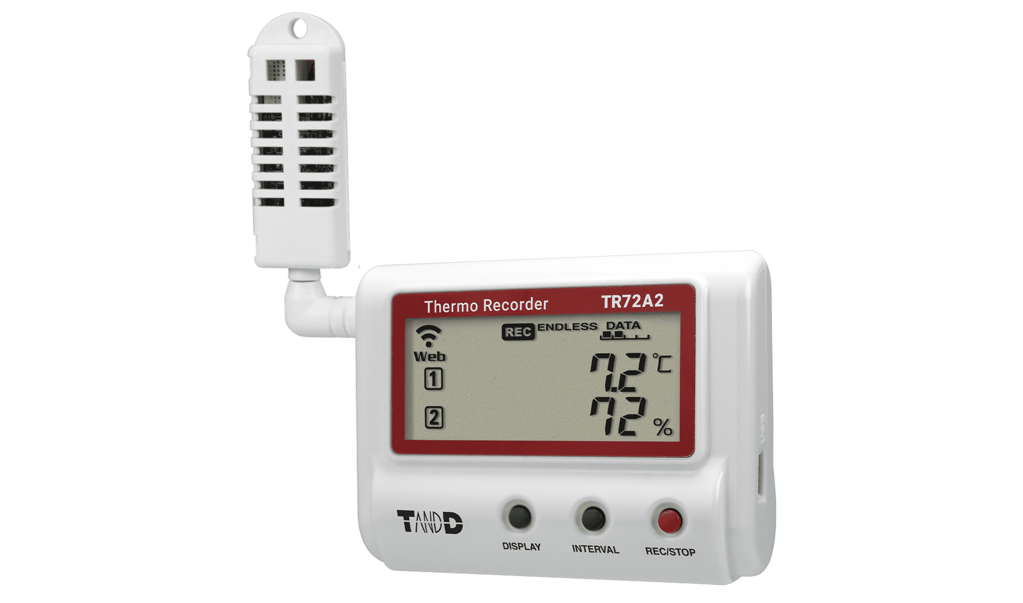 Registrador de temperatura y humedad T&D TR72A2 con pantalla digital y sensor externo, diseñado para monitorización ambiental en tiempo real sobre fondo gris claro
