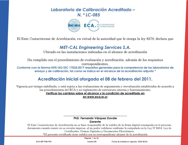Certificado de acreditación ISO/IEC 17025 de Metcal emitido por el ECA, acreditación LC-085 vigente desde 2011.