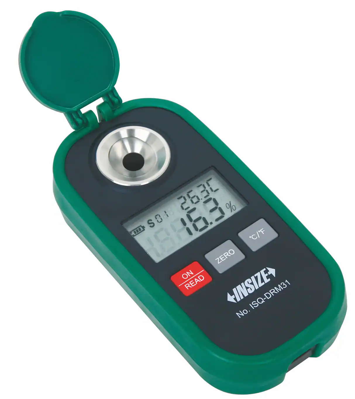 Refractómetro digital portátil Insize ISQ-DRM31 con pantalla LCD, tapa protectora abierta y botones de medición